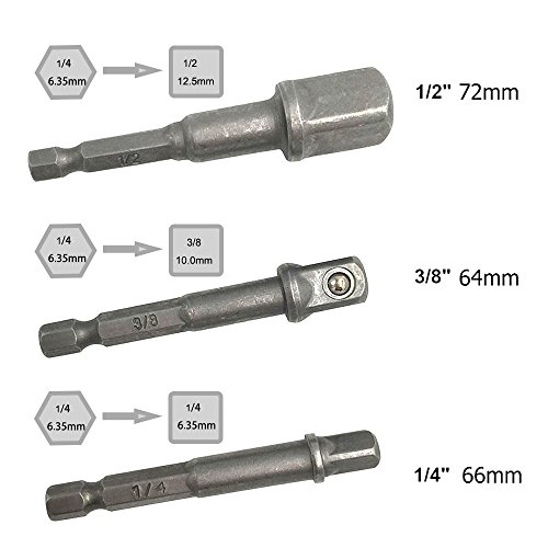 JTENG Adapter Sechskant auf1/4″, /1/2″, /3/8″ Vierkant Bohrfutter Adapter mit 4 kant Antriebmit, nuss adapter 3 teilig. - 2