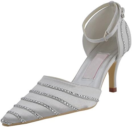 Kevin Fashion MZ611 Womens Pointy Toe Mid Heel Ankle Strap Leopard Bridal Wedding Silver Satin Pump Shoes 8.5 UK