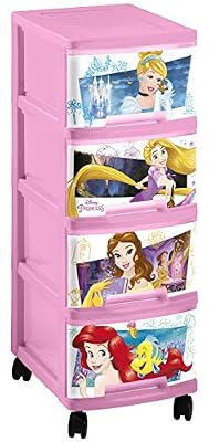 CURVER 232343 Tour 4 tiroirs A4 10L + roulettes - Décor Princesse, Plastique, Rose, 27 x 36 x 68 cm