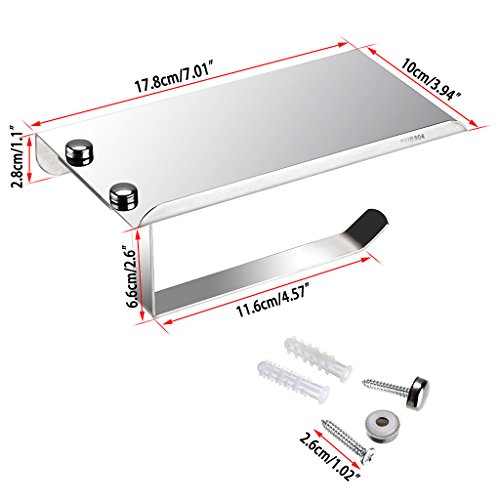 BTSKY Stilvoller Toilettenpapierhalter, Wandmontage, rostfreier Edelstahl, mit Ablage für Mobiltelefon/ Badezimmerzubehör - 2