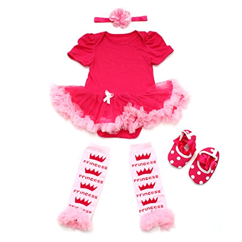 TANZKY® Baby Girls' 4PCs Hot Pink Princess Tutu Dress Leggings Shoes Headband (0~3months)