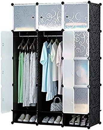 House of Quirk Portable Closet Wardrobe Bedroom Storage Organizer with Doors 6 Cubes, 2 Hanging Sections & 3 Shoes Cabinets - Black Closet