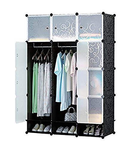 House of Quirk Portable Closet Wardrobe Bedroom Storage Organizer with Doors 6 Cubes, 2 Hanging Sections & 3 Shoes Cabinets - Black Closet