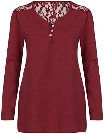 Toamen Women's Newest Tops, Women's Solid Lace Long Sleeve Casual Blouses, (Wine Red, Black Size XL/Bust 106cm)