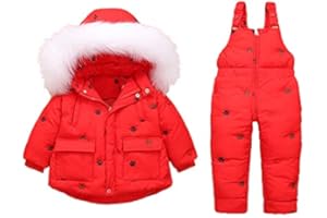Minizone Bambini Tuta da Sci 2PCS Inverno Piumino con Cappuccino + Pantaloni con Bretelle da neve Leggero e Caldo Abbigliamento da Sci per Bambino 18-24 Mesi