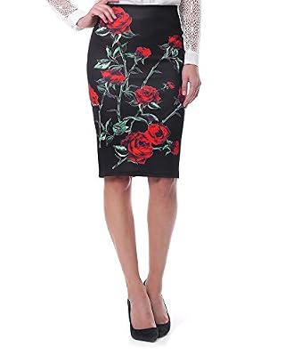 KENANCY Jupe Crayon Taille Haute Jupe Bodycon Fleur Imprimé Jupe De Bureau Élégant Noir pour Tavail Soirée Noir XL