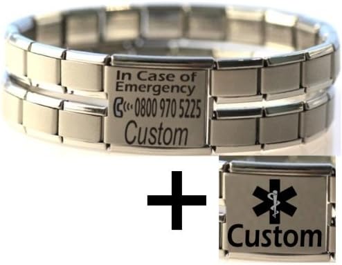 Large Custom Made ICE &amp; Medical Condition ID Alert Stainless Steel Bracelet