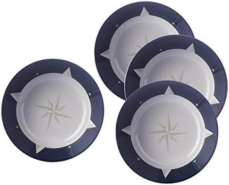 Navy &amp; White with Compass Motif SMALL DEEP BOWL - Travel Range - Attractive, Lightweight but Durable Melamine Picnic / Barbecue / Buffet Outdoor Dining Fruit Salad / Cereal / Soup / Pasta Bowl - SET OF 4 - 14cm