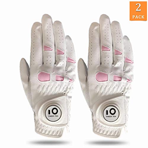 FINGER TEN Gants De Golf Femme Main Gauche Droite en Cuir Cabretta Marqueur De Balle， Gant Durable Confortable Doux Taille S M L XL