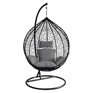 Comfort Home Single Seater |Swing Chair with Stand & Cushion & Hook Outdoor Indoor| Outdoor| Living Room | Balcony | Garden | Patio | Home Improvement(Stand_Black, Cushion_Grey, Basket_Black)