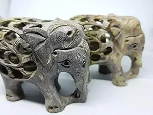 Shama Stone Elephant Statue Show Pieces for Home Decoration and for New Year Gifts Hand Crafted marblesoap Stone with Elephant-Baby Inside Mother's Tummy Set of 2