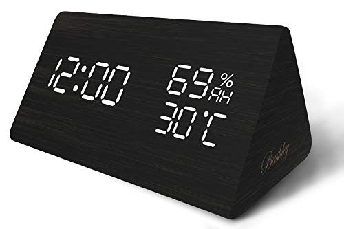 Bashley Sveglia digitale, orologio a LED in legno indica temperatura e umidità(Nero)