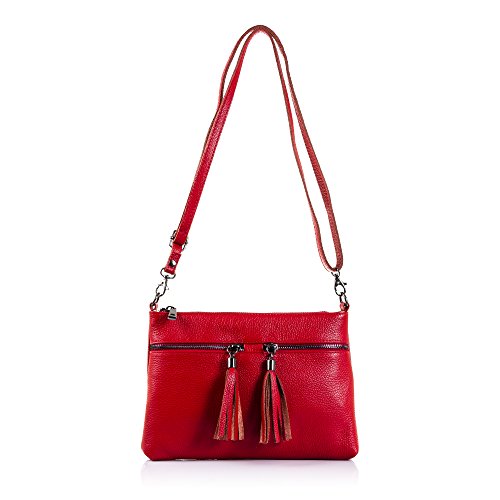 Firenze ARTEGIANI.Bolso de Mujer Piel auténtica.Bolso Bandolera Cuero Genuino Acabado Dollaro.Tacto Suave.Borlas Piel Bolsillos Frontales.Made IN Italy.Vera Pelle Italiana.27x19x4cm.Color:Rojo