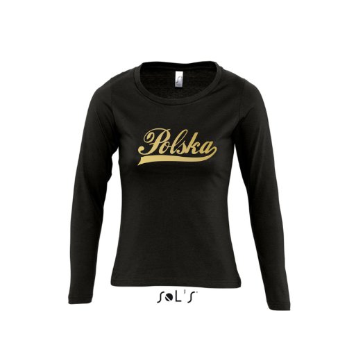 Polen Oldschool Polska LÄNDERSHIRT EM / WM FAN Trikot – Damen Langarm Longsleeve T-Shirt S-XL , Deep black – gold , M