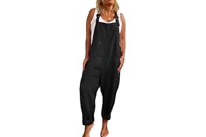 shownicer Damen Latzhose Elegant Jumpsuit mit Träger Retro Einfarbig Overalls Playsuit Leinen Casual Loose Sommerhose Lange Breites Bein mit Tasche