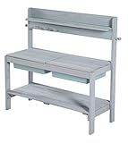 Die Gartenküche aus robustem, wetterfest lasiertem Massivholz kann im Winter zum Basteltisch mit Stauwannen für Stifte, Knete und Bastelsachen umfunktioniert werden