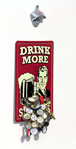 Flaschenöffner für Wand-Montage / Bier-Öffner mit Magnet - Falle / Magnet-Fang + Blechschild "Drink more, study less"