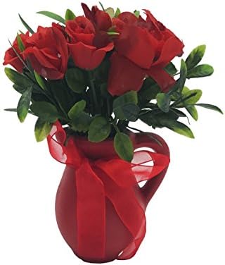 ChosenTech Artificial Fake Flowers Includes Ceramic Receptacle Bottle, Plastic Flower with Bow-tie Handle Ceramics Vase for Gift, Arrangements Bridal, Home, Bedroom, Floor, Garden, Office, Wedding, Party &amp; Decor (Red)