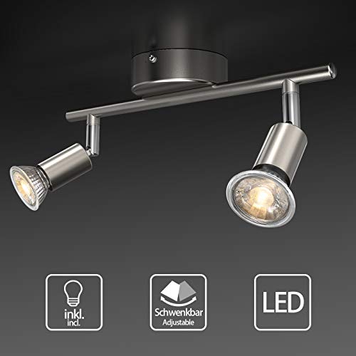Uchrolls Plafonnier LED 2 Spots Orientables, 2 X 5W Ampoule GU10, 400lm, remplacer 50W halogènes, Nickel Matt, Non Dimmable, spots plafond LED salon salle à manger chambre cuisine couloir