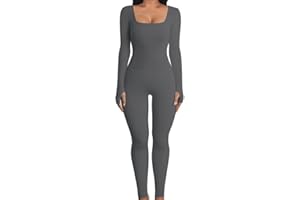 Rongseng Mono Deportivo Mujer Manga Larga Ajustado Jumpsuit de Cuello Cuadrado Mono Yoga Bodycon Traje de Una Pieza Elásticos Body Overol Mallas Push up Pantalones Color Sólido Largos Romper