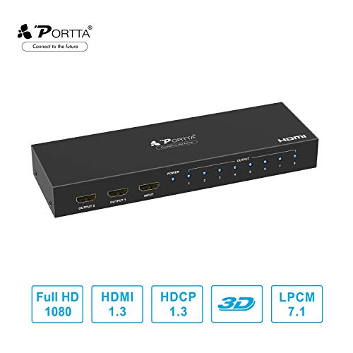 Portta HDMI Splitter 1x8 Duplicador HDMI Divisor 1 Entrada x 8 salida Amplificador Distribuidor Repetidor Soporte Full HD 1080P 3D Cascada LPCM DTS Dolby Digital HDTV PS3 PS4 Xbox Blu-ray Player STB