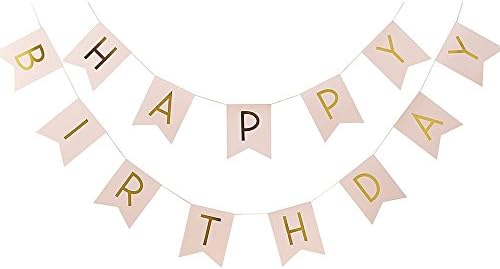 DoTech DIY Pink Paper Happy Birthday Bunting Banner with Shimmering Gold Letters Personalized Paper Flag Hang Pennants Garland Celebration Set for Baby Boys and Girls Birthday Party Decoration