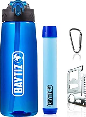 Baytiz | Gourde Filtrante + Paille de Survie au Charbon Actif - Bouteille Filtre à Eau Nomade : Voyage Randonnée Trek Camping Kit Purificateur Réutilisable + Boussole Plastique Sac Pluie Catastrophe