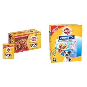 Pedigree Puppy Wet Dog Food, Chicken and Liver Chunks Flavour in Gravy with Vegetables, 15 Pouches ( & Dentastix Small Breed (5-10 Kg) Oral Care Dog Treat (Chew Sticks) (28 Sticks) 440G Monthly