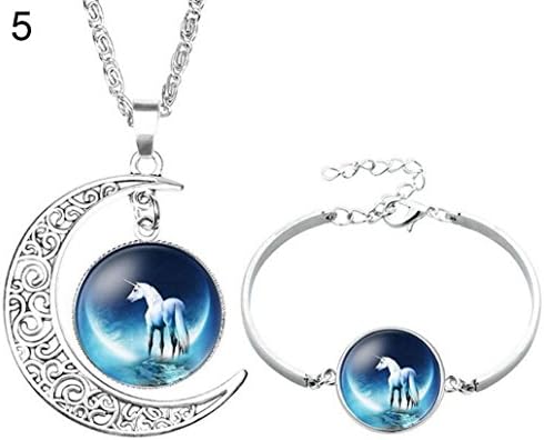 Livecity Elegant Glass Cabochon Moon Pendant Unicorn Necklace Bracelet Bangle Jewelry Set (5#)