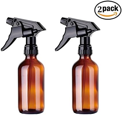 2 Pack Empty Amber Glass Spray Bottles with Black Trigger Sprayers,8 oz Refillable Container for Essential Oils, Cleaning Products, or Aromatherapy (Coffee)