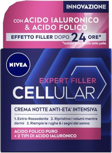 NIVEA CELLULAR EXPERT FILLER Crema Notte Anti-Età Intensiva SPF 15 50ml, Crema viso antirughe rassodante, Crema viso Acido Ialuronico e Acido Folico Puro, Crema viso notte anti-age