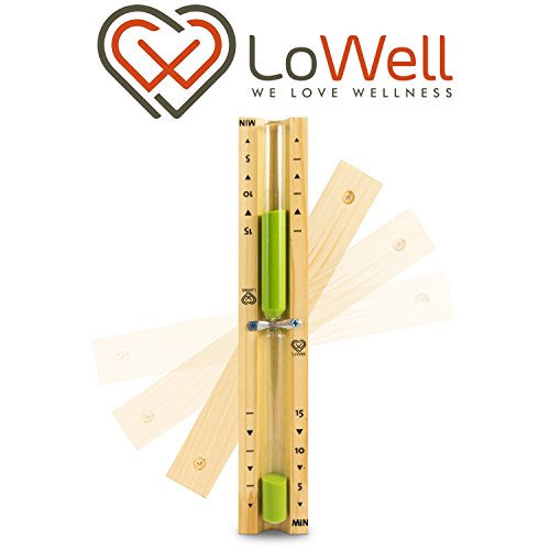 Preisvergleich Produktbild LoWell - Saunauhr - Sauna Sanduhr aus natürlichem Kiefernholz - grüner Sand - hitzebeständiges Glas - Sand-Timer, Infrarotkabine Uhr, Zeitmesser, Stoppuhr - hochwertiger Sand, verklebt nicht - Farbe Grün - 15min Laufzeit