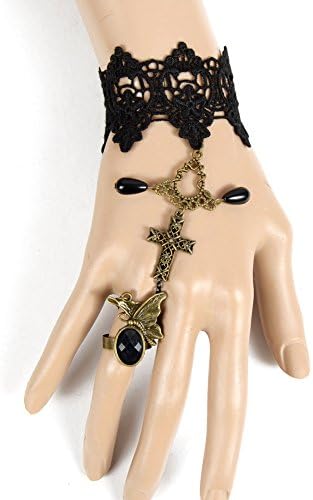 Five Season Black Lace Slave Bracelets with Ring Cross Pandents, Gothic Style Costume Jewelry Adjustable