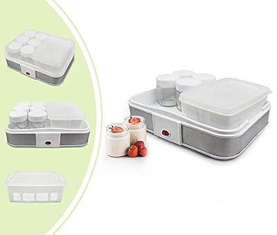 Leogreen - Yaourtière, Machine pour Yahourt Naturel, Bol à yaourt avec tamis et 6 pots, 30,6 x 25 x 12,4 cm, Blanc, Capacité par jar: 0,21L, Capacité du conteneur: 1.5L