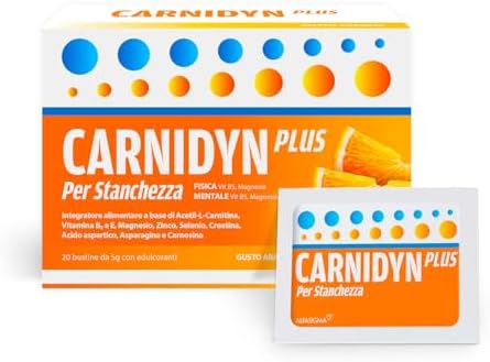 Carnidyn Plus, integratore alimentare supporto per stanchezza fisica e mentale, 20 bustine da 5g, gusto arancia