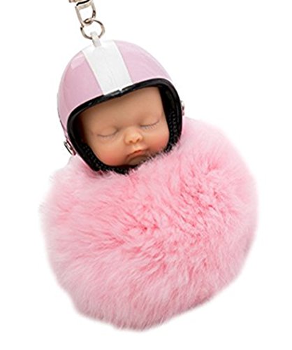 Preisvergleich Produktbild Quanjucheer Schlüsselanhänger, Motiv: flauschiges, schlafendes Baby, Pompon, mit Motorradhelm, rose, 3.94"