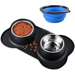 Bonve Pet Gamelle pour Chat et Chien 2x400ML Double Inoxydable Bol en Acier Inoxydable Base Antidérapante Anti-débordement Anti-déversant Tapis en Silicone Petit Cadeau d'une Cuillère Alimentaire