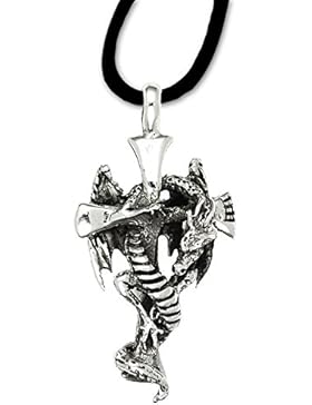 Anhänger Drache mit Kreuz Drachenanhänger 925er Sterling Silber Schmuck Amulett Glücksbringer mit Lederhalsband 18