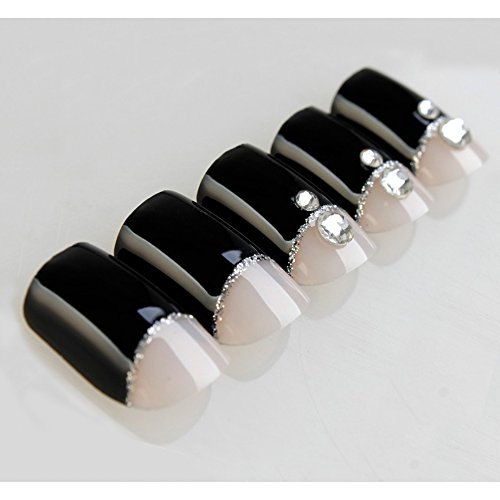 Bling Art False Nails French Manicure Black Crystal Full Cover Medium Tips UK