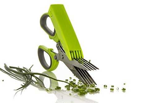 Trenta Kitchen Kräuterschere mit Mehrzweck-Schäler, für Obst und Gemüse, hochwertiges Küchenzubehör, Schere mit 5 Edelstahlklingen, inkl. Schutzhülle und Reinigungskamm grün - 3