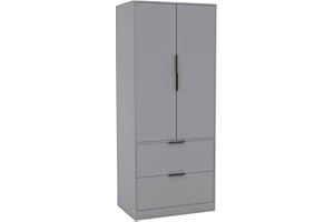 URBNLIVING 2 Door 2 Drawer Minimalist Bedroom Grey Wardrobe Storage & Hanging Rail Modern Furniture with Clothes Shelf for Home Organiser Unit 179cm H x 74cm W x 50cm D