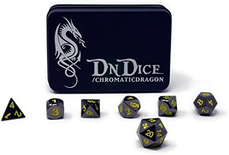 DnDice Solid Metal Poly Dice Set Dark Chrome and Coloured Inking Solid Zinc | Chromatic Yellow