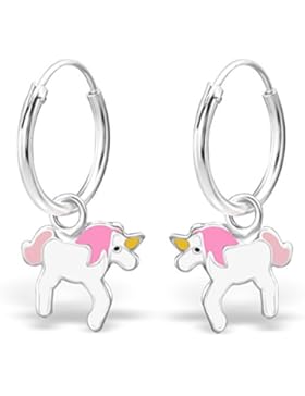 JAYARE Kinder-Creolen Einhorn 925 Sterling Silber Emaille 20 x 10 mm weiß rosa pink Ohrringe