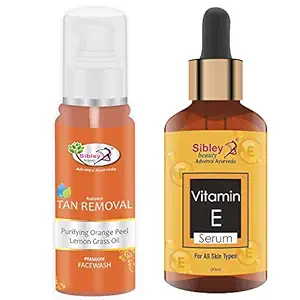 Sibley Beauty Vitamin E Face Serum ( 1 x 50 ml ) + Tan Removal Purifying Skin Brightening Orange Face Wash (1 x 100 ml) - For Wrinkles Skin Glowing brightening face Serum for men, women, girls, boys