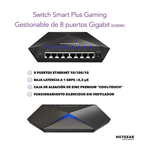 Netgear Nighthawk GS808E-100PES - Switch Gaming S8000 (optimizado para Streaming y Juegos, 8 Puertos Gigabit Ethernet), Color Negro