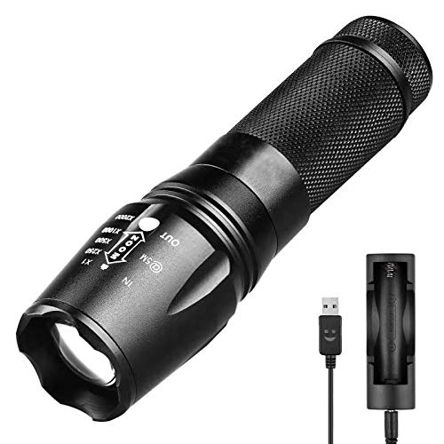 Torce Elettriche Portatili,?Super Luminoso-2000LM?BINKE Torcia CREE LED Alta Potenza Torce Tattica LED Militare Regolabile Focus Flashlight Impermeabile con 5 Modalità per Campeggio, All'aperto-Nero