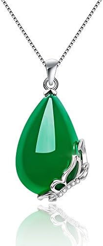 Ladies pendant necklace, teardrop in natural dark green jade, butterfly, chain, 925 silver, elegant jewellery