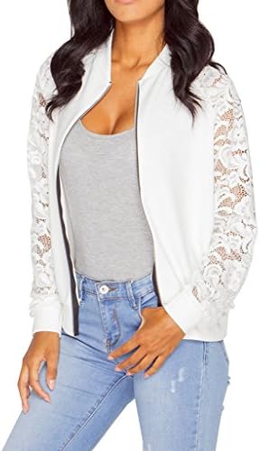 SKYlive Women's Long Sleeve Lace Blazer Suit Casual Jacket Outwear Bomber Zipper Slim Coats (l, white)