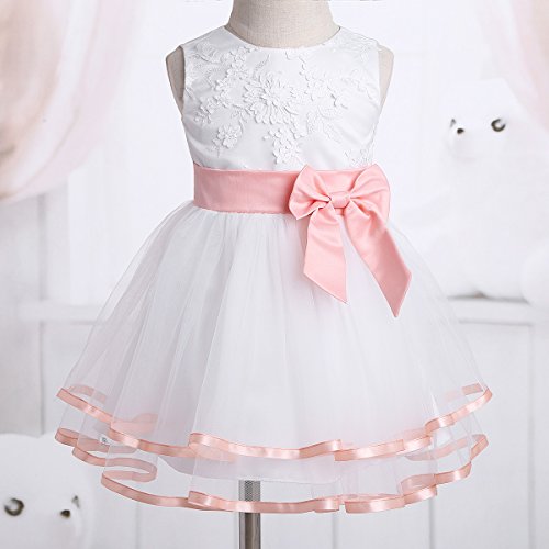 iixpin Babybekleidung Baby-Mädchen Prinzessin Kleid Festzug Taufkleid Hochzeit Partykleid Mädchen Tüll Kleidung Blumenmädchenkleid mit Baumwollhose Perle Rosa 68-74 - 4