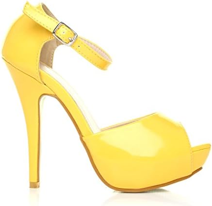 ShuWish UK London Yellow Patent Ankle Strap Platform Peep Toe High Heels